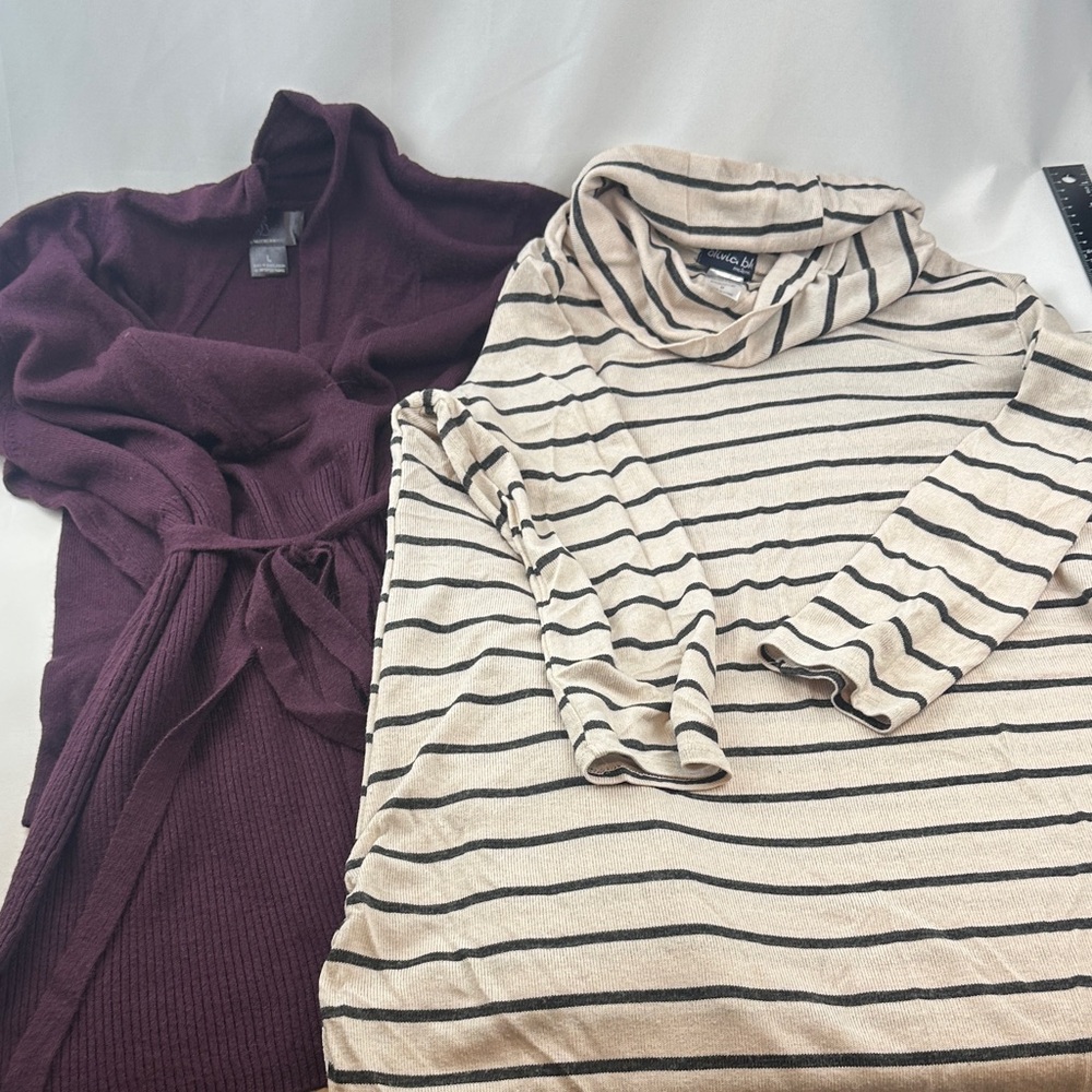 Striped Cowl Neck Top and Purple Cardigan Maternity Set
